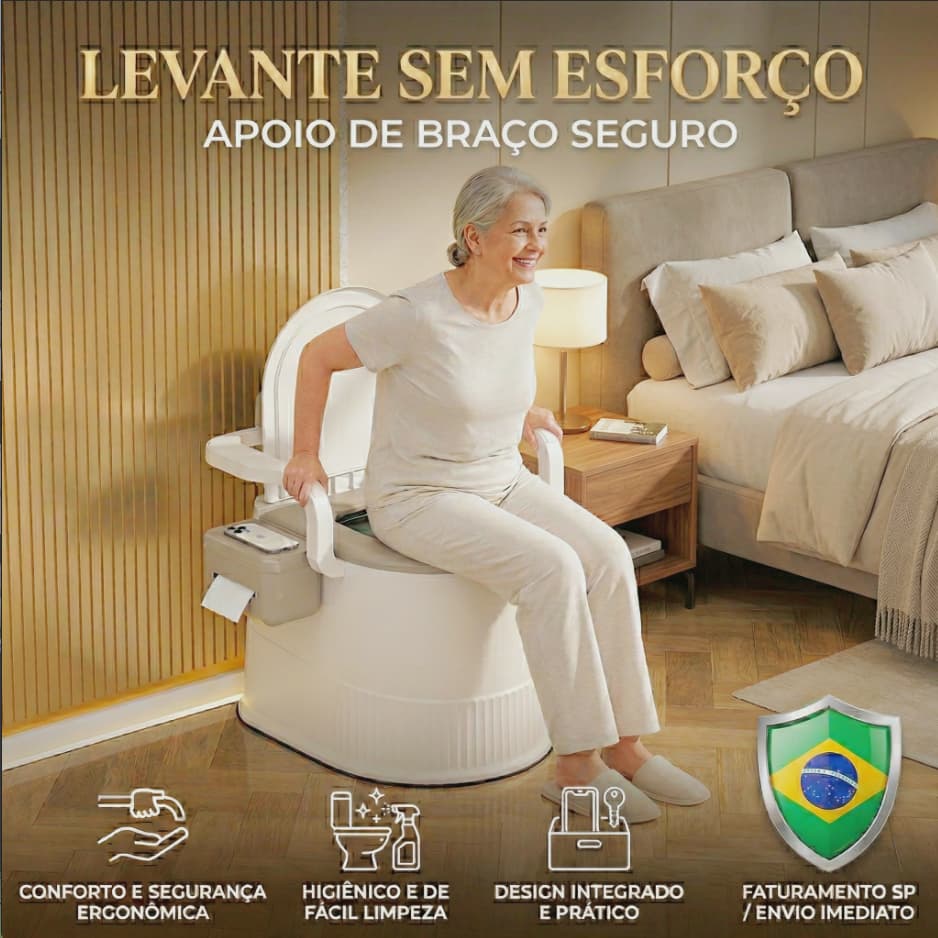 Vaso Sanitário Portátil 2 em 1 Com Balde Anti Odor e Apoio de Braço Banheiro Móvel para Idosos Gestantes Reforçado 100kg