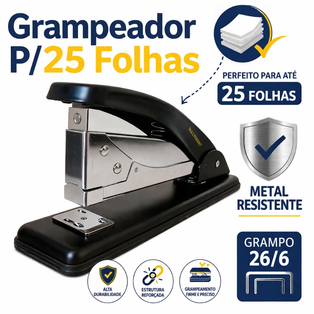 Grampeador de Metal P/ 25 Folhas 26/6 Metal Resistente - Masterprint MP400