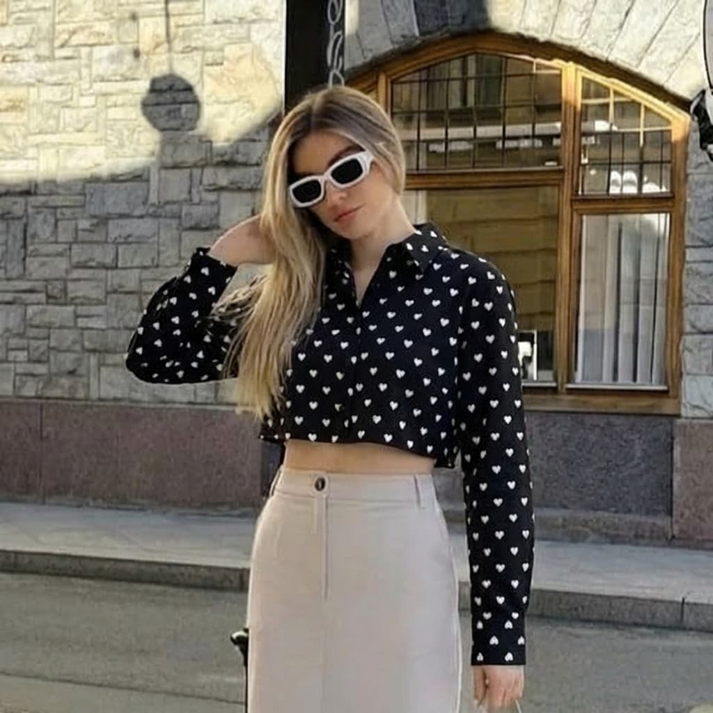 Blusa Feminina Camisa Social Cropped Coração Feminina Manga Longa