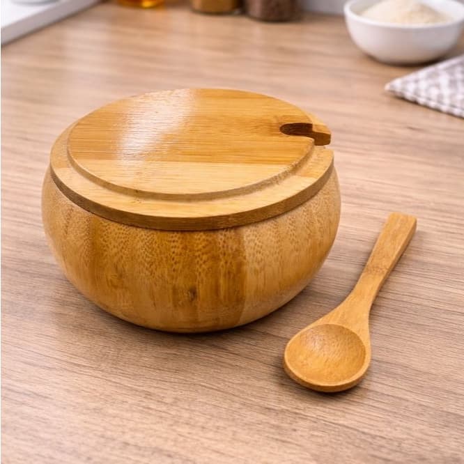 Açucareiro Farinheira de Bambu com Colher Tampa 300g Ecológico Saleiro Temperos Porta Açúcar Natural