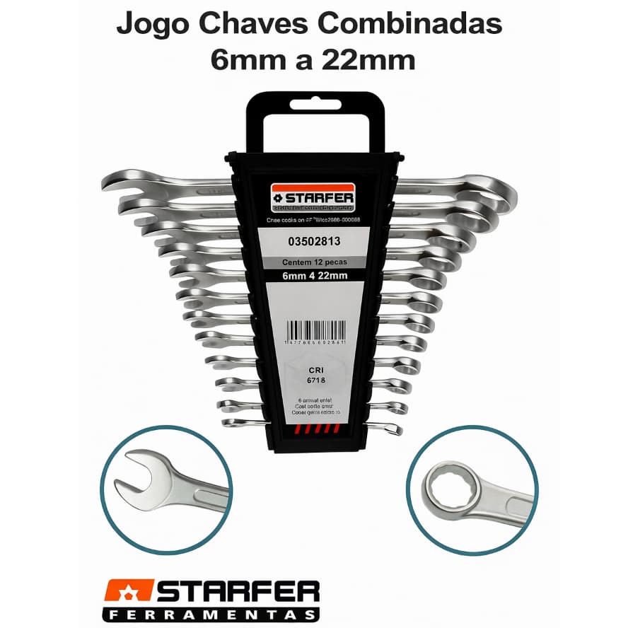 Kit Jogo De Chaves Combinada 6 a 22mm 12pçs Starfer Aço Cromado Prom