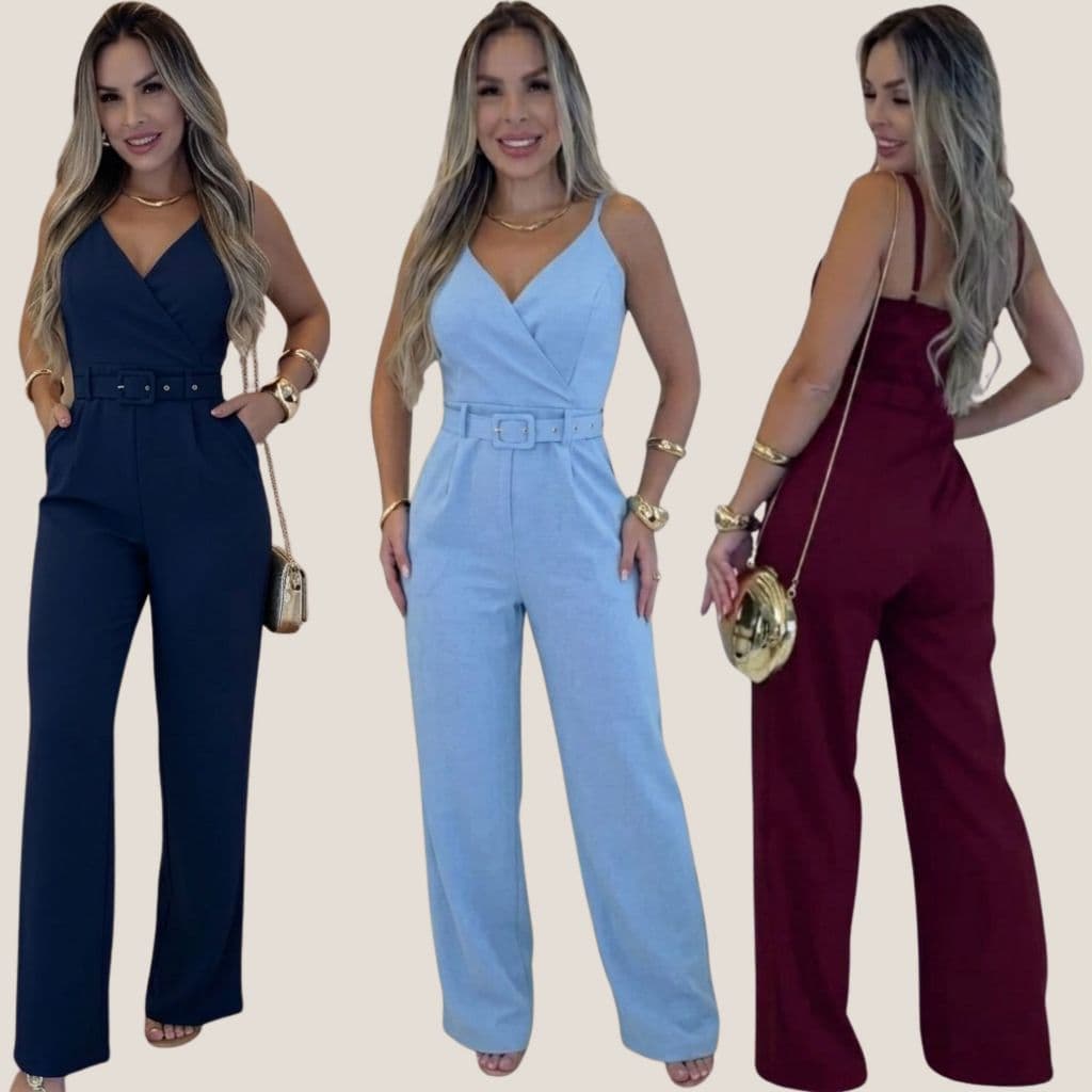 Macacão Longo Feminino Alfaiataria com Bolso e Cinto – Tecido de Qualidade M,G GG