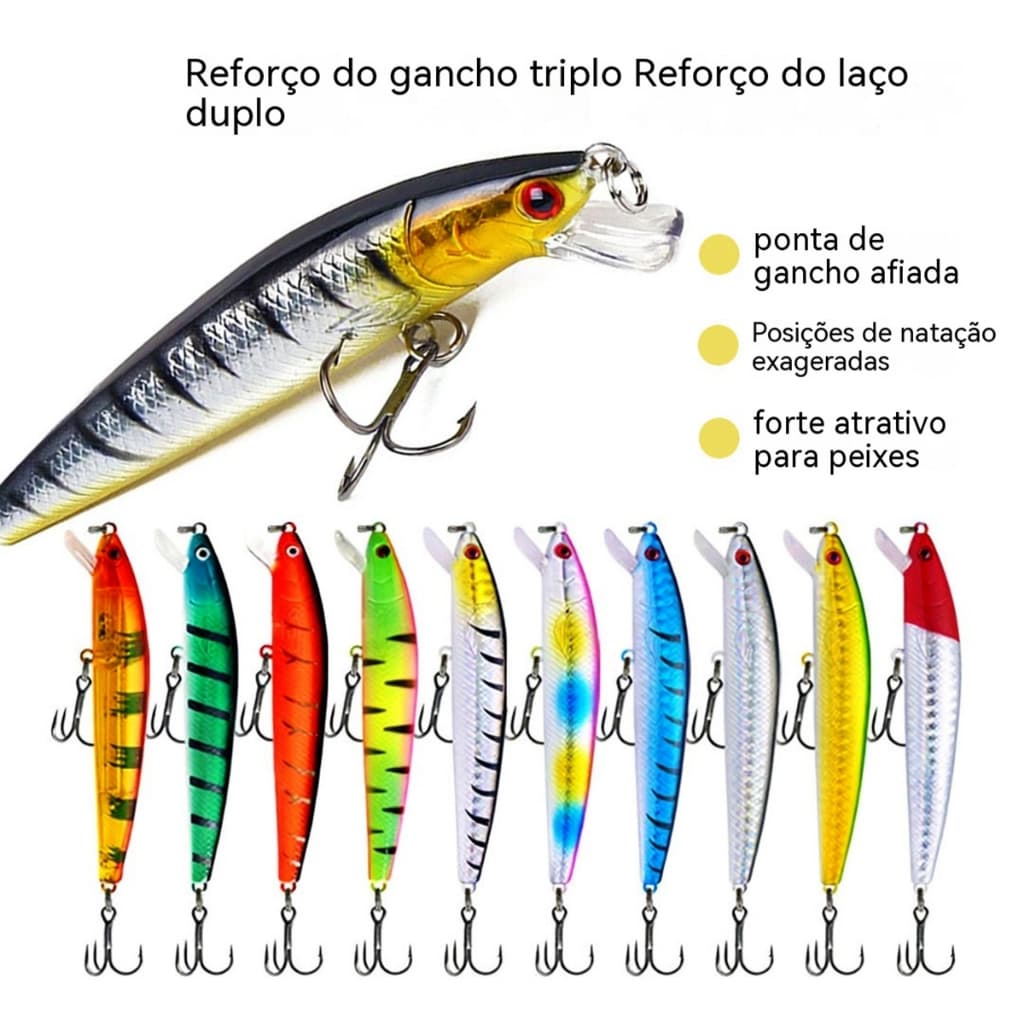 KIT 5pcs Isca Artificial Minnow 10cm 9g com Anzol Triplo 3D Olhos Isca Dura para Pesca Água Doce e Salgada