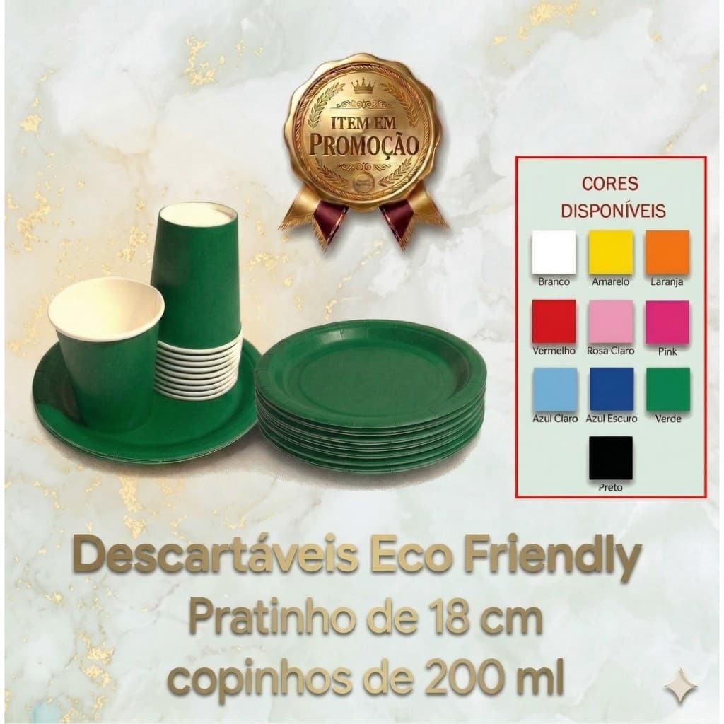 Kit descartáveis ecológicos eco friendly | copinhos 200 ml e pratinhos 18 cm de papel | festas e eventos sustentáveis