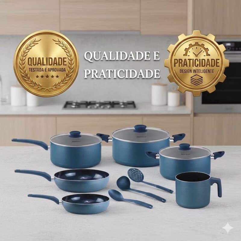 Conjunto Panelas Antiaderente 9 Peças Azul Cozinha Moderna.