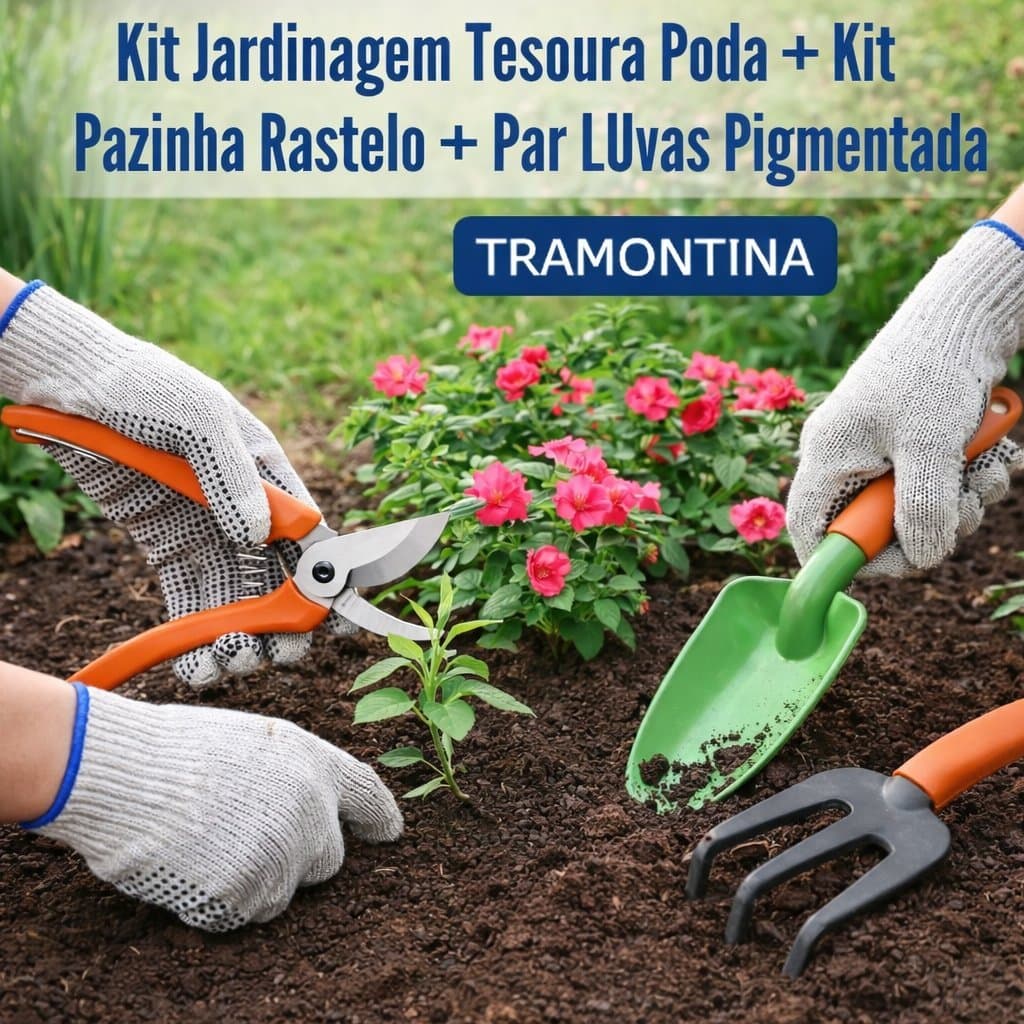 Conjunto de Jardinagem Tramontina 4 Peças Tesoura Podar Pazinhas Ancinho e Luvas Ferramentas Jardim