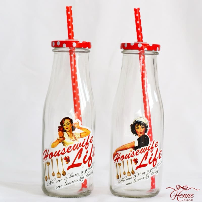 Garrafa retro de vidro com canudo para água suco estilo vintage super fofa