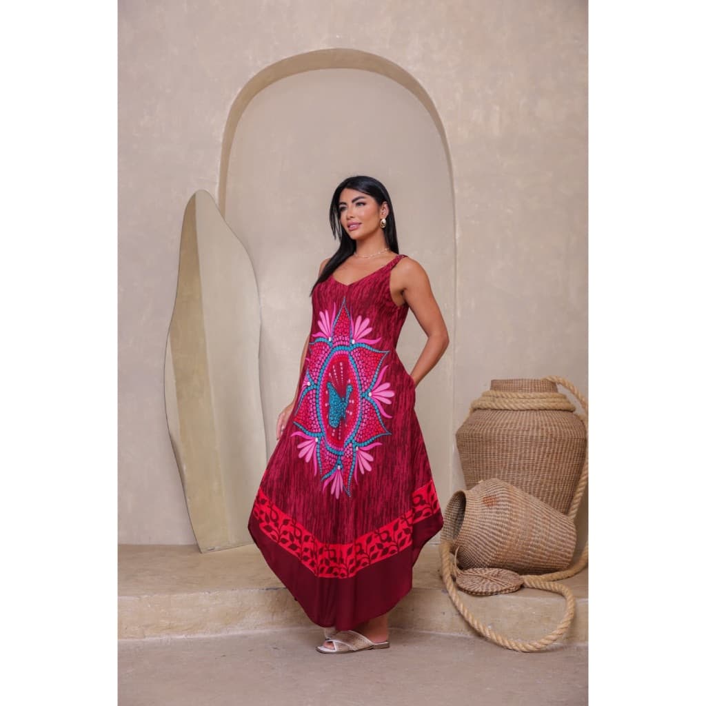 Vestido Trapézio Indiano Estampado com Bolso Rodado Exclusivo Leve Moderno Confortável Moda Feminina