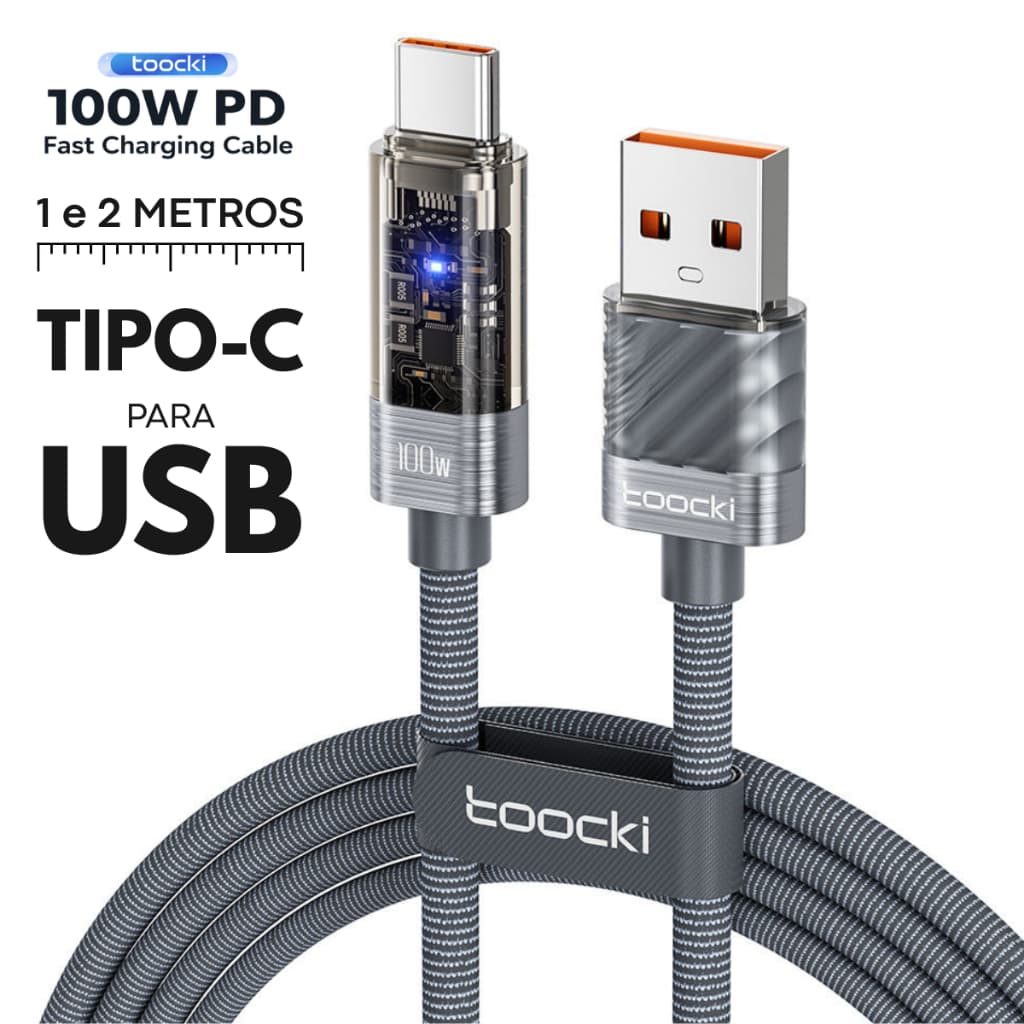Cabo Toocki USB C 6A 100W Em Nylon Turbo Carregamento Rápido LED Chip Inteligente