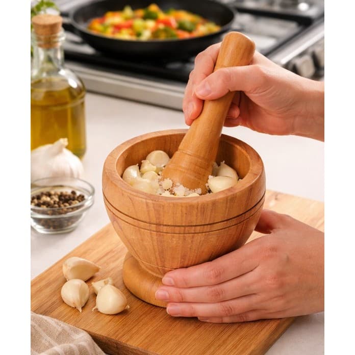 Pilão p Alho Plástico Acabamento Tipo Madeira com Socador Triturador Manual para Temperos Cozinha Resistente e Durável