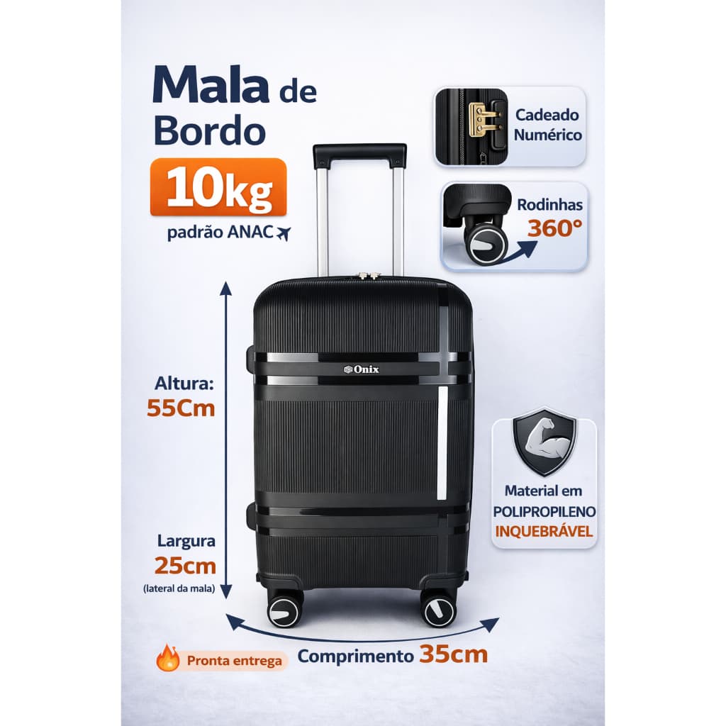 Mala de Viagem 10kg para Bordo de avião em polipropileno imquebravel 55x35x25padrao anac