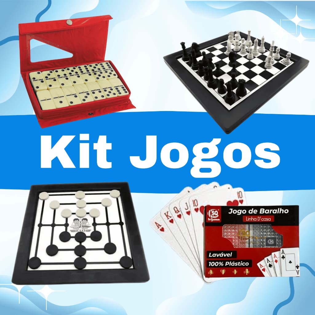 Kit Xadrez Baralho Duplo Dominó Dama Trilha Jogos Tabuleiro Raciocínio Família Criança Diversão