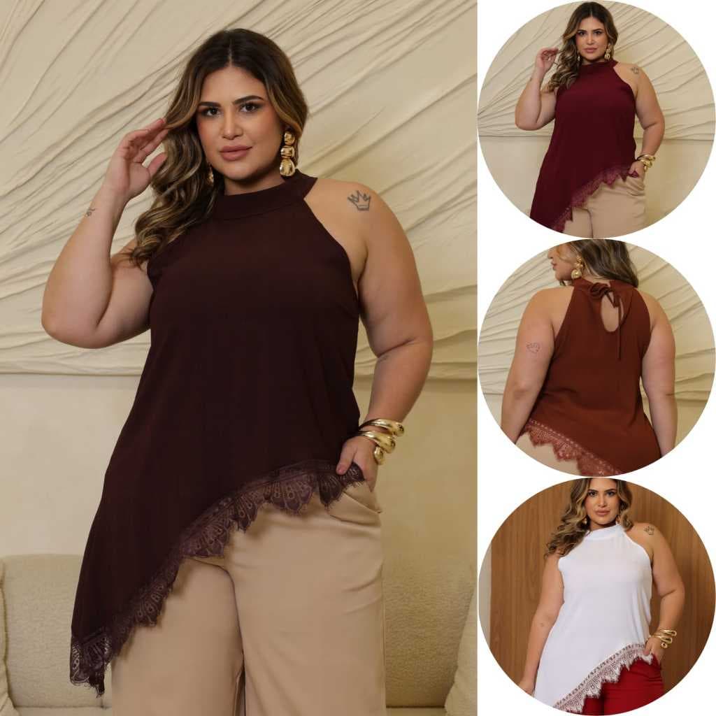 Regata Feminina Gola Alta Assim茅trica Frente 脷nica Com Renda Bata Elegante Tend锚ncia Plus Size para Estilo Moderno