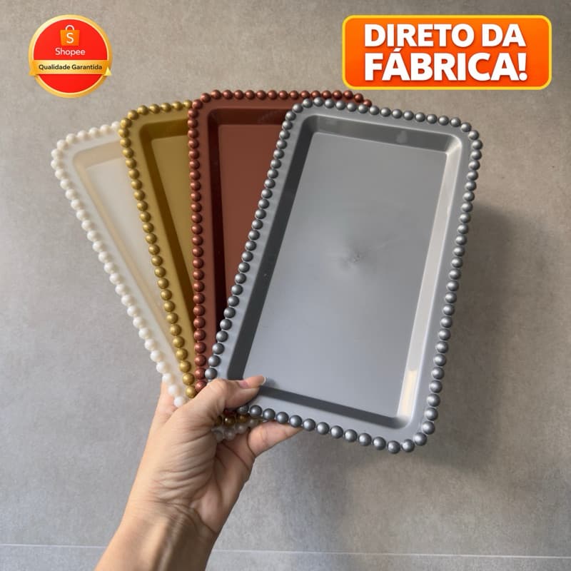 KIT • 3 Bandejas Retangular Plástica com Bordas de Bolinhas | Ideal para Festas e Eventos