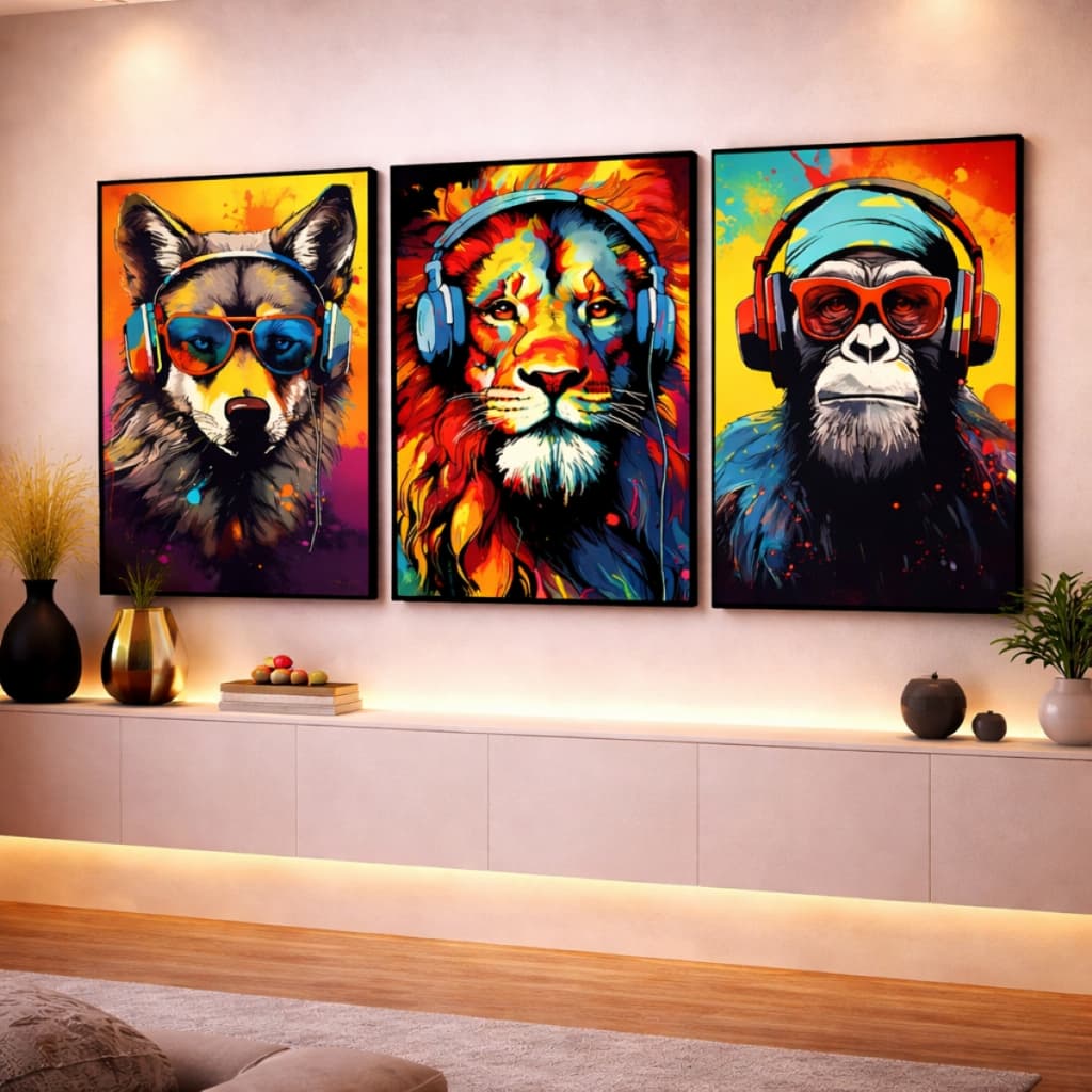 Quadro Decorativo Sala Cão Leão Macaco Fone Color Hall Hd 3 peças