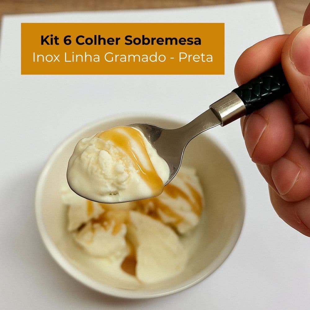 kit conjunto 6 colheres de sobremesa inox linha gramado cor preta ideal para todas ocasiões