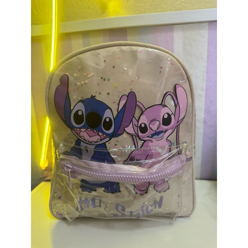 Mini Mochila Infantil Stitch e Angel Transparente com Glitter – Escolar e Passeio