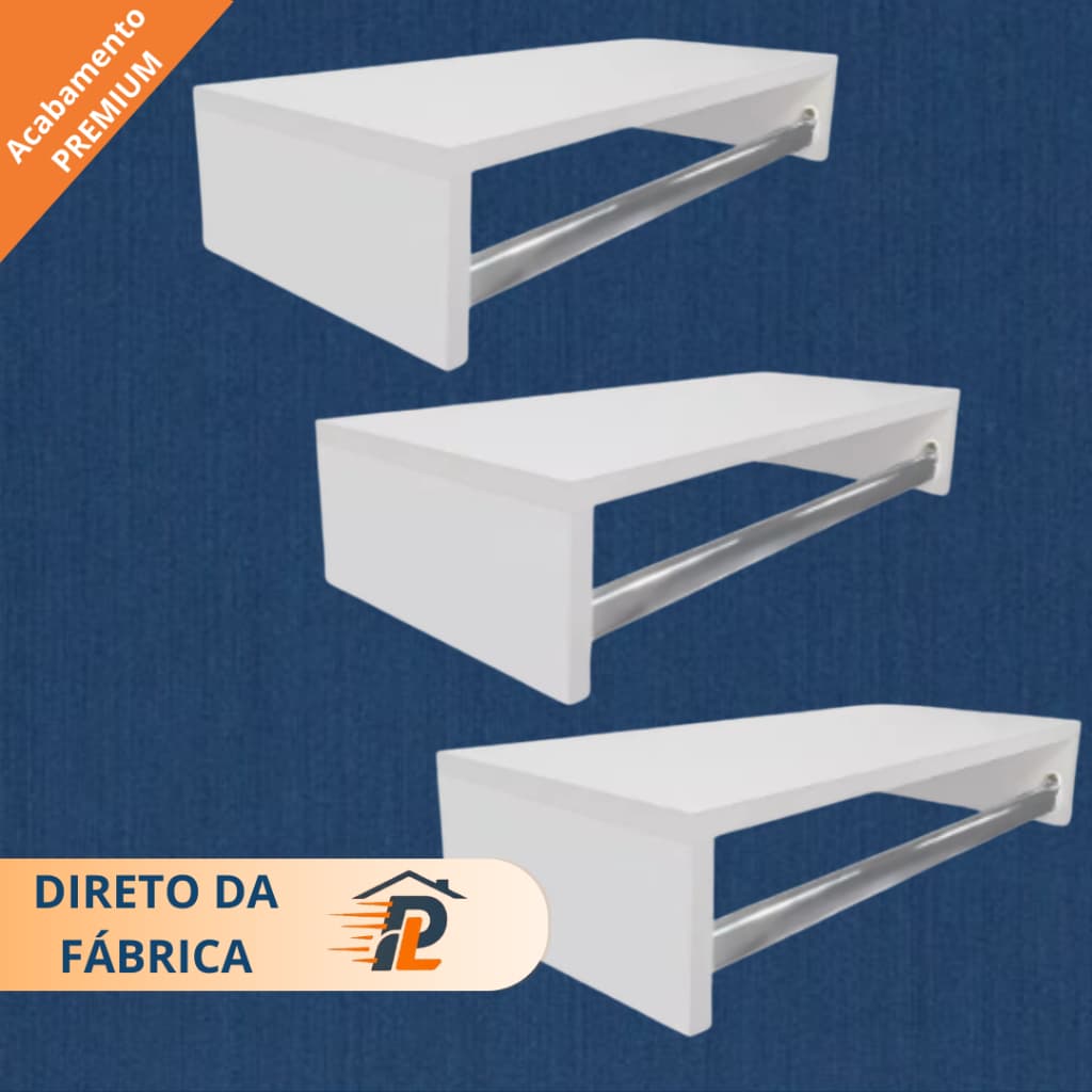 Kit Até 03 Arara Cabideiro Roupas Lavanderia Parede Suspensa 60cm Quarto Closet Loja Suporta 15kg