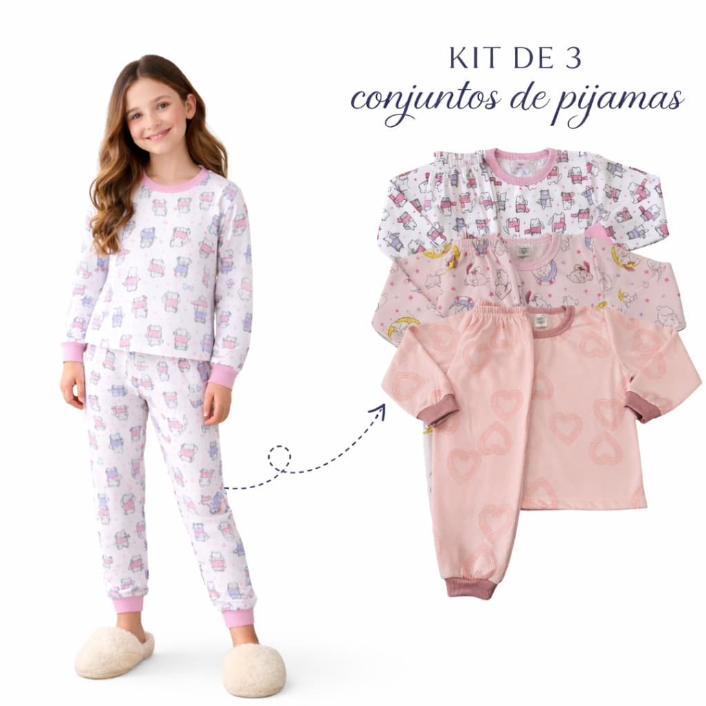 Kit 3 Conjuntos Pijamas Infantil Quentinho Peluciado Flanelado Menina Inverno Frio 1 ao 8