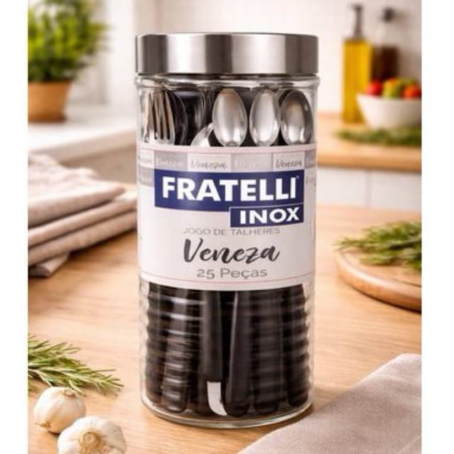 Conjunto Jogo Talheres Inox 25 Peças Com Pote de Vidro Cabo Preto Design Elegante Durável Enxoval Chá de Panela