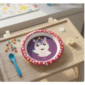 Prato Infantil Refeição Bebê Crianças Personagens Divertidos Cor Rosa Unicórnio Personagem Nina