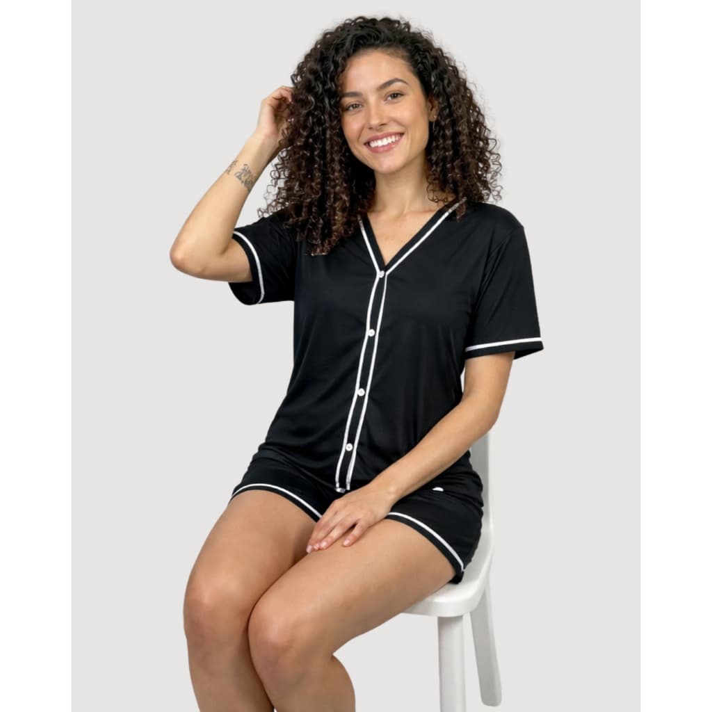 Pijama Feminino Baby Doll Short Verão Confortável Blogueirinha Alcinha Luxo Com Botões