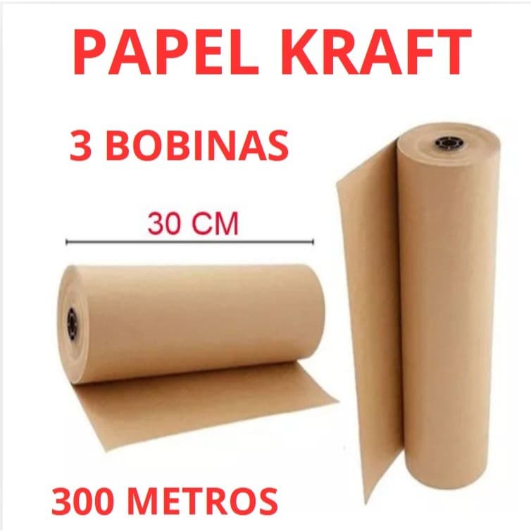 3 Bobina Papel Kraft Bobina 30cm Aprox. 5 KG 300 metros (cada)  Pardo Embalagem Caixa