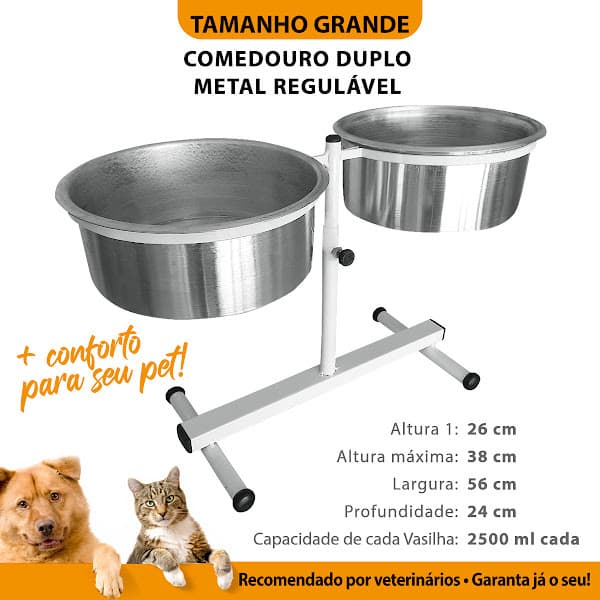 Comedouro Duplo Elevado Alto Ajustável Regulável G para Cachorros e Gatos