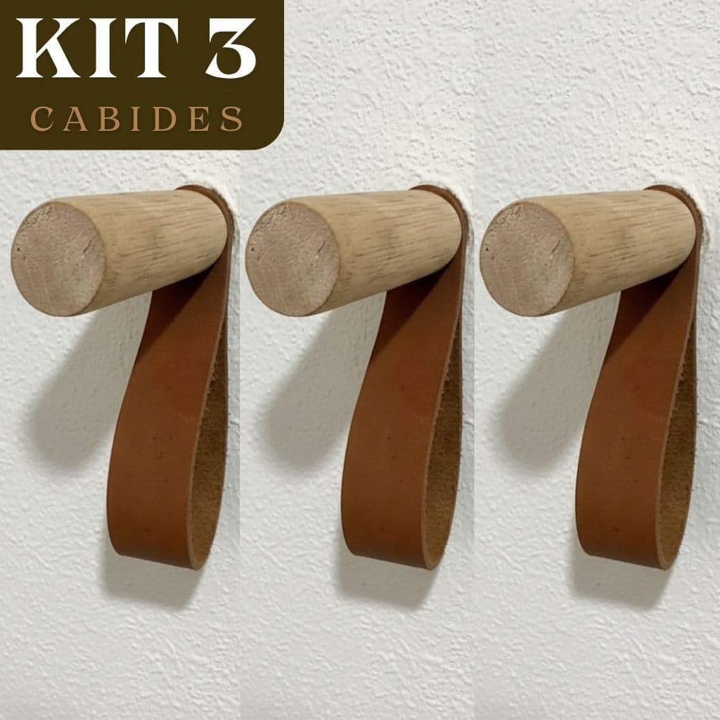 Kit 3 Cabides Bastão Madeira Pinus com Couro Legítimo Cabideiro Parede Decorativo Organizador