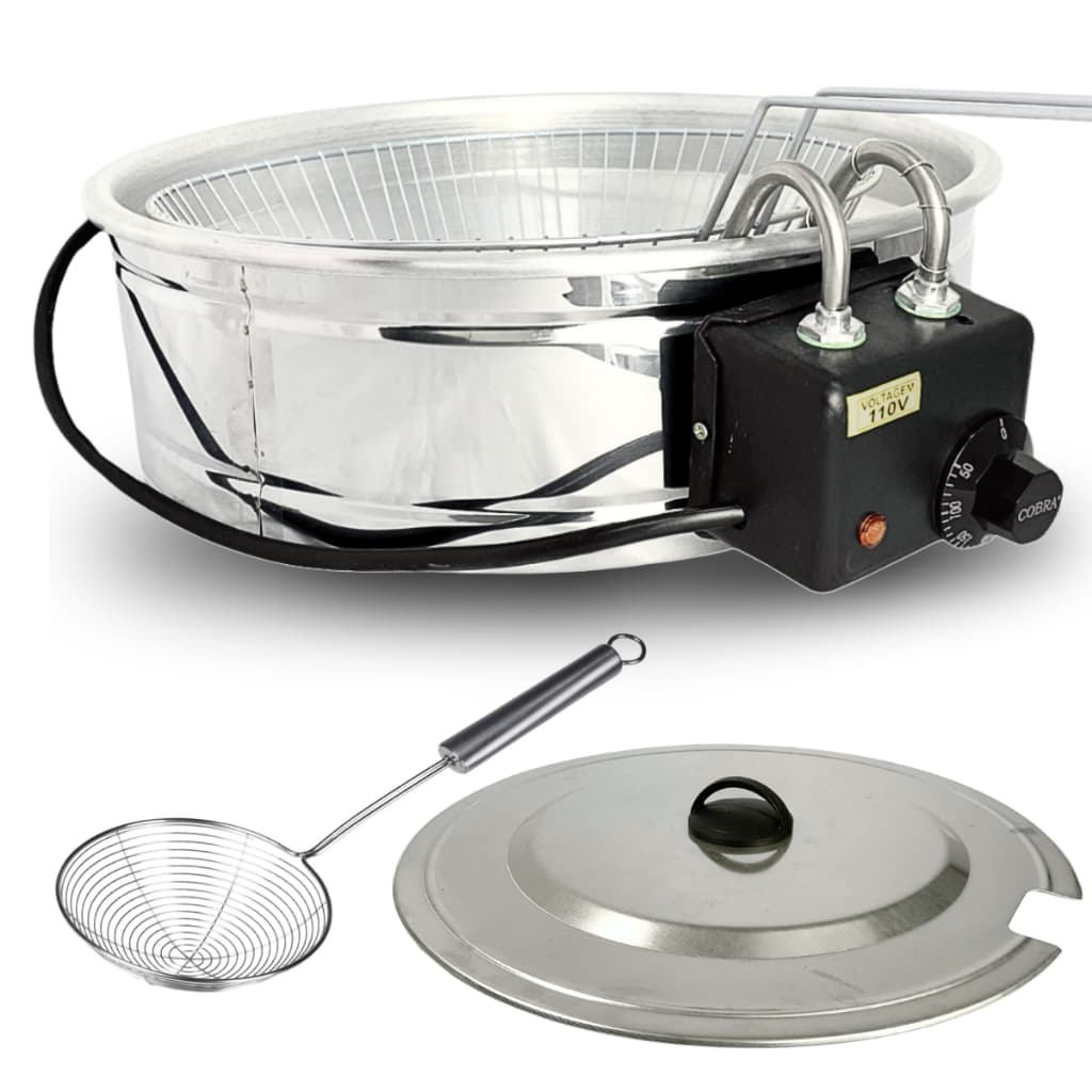 Fritadeira Elétrica 7 Litros Redonda Inox + Tampa e Escumadeira Fritador Pastel 110v ou 220v Boni