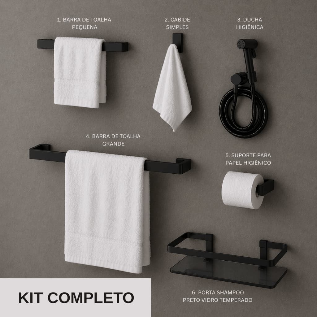 Kit 6 Itens Banheiro Luxo | Ducha Higiênica Porta Shampoo Acessórios Quadrado Preto Fosco ou Cromado