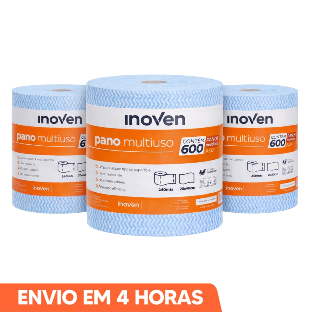 Kit Até 3 Rolos 20cm x 240m Pano Multiuso 1800 Panos Perfex Limpeza Azul Inoven