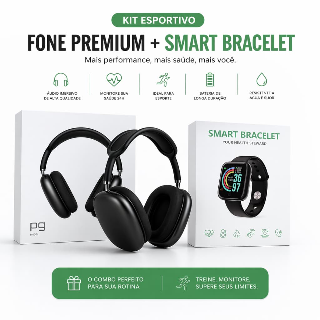 Kit Esportivo Premium 2 em 1 (Fone + Smartwatch) P9 smart Pro Treino Inteligente + Monitoramento 24h