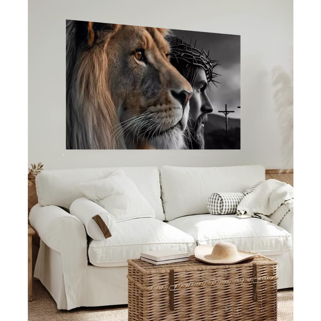 Quadro decorativo moderno gigante jesus e leão decoração sala quarto area de lazer