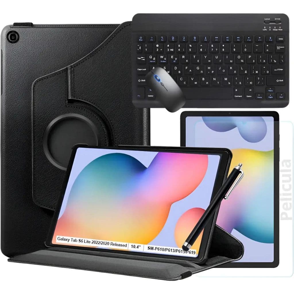 Kit Capa Case Giratoria P/ Tab S6 10,5 Pol + Película de Vidro + Caneta Touch c/ mouse teclado