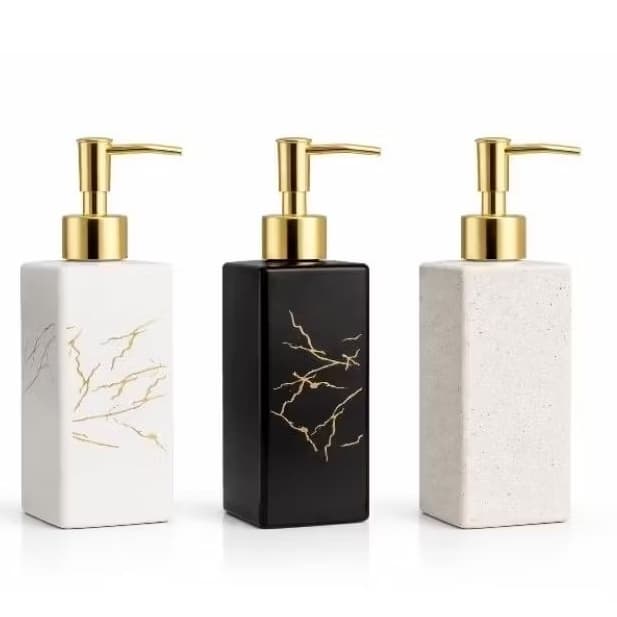 Porta Sabonete Líquido Luxo Cerâmica 350ml | Dispenser Premium Banheiro Preto Branco Marmorizado Dourado