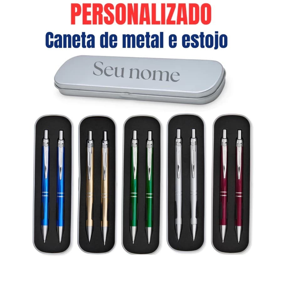 Kit Caneta e lapiseira Metal e Estojo Personalizado nome ou logo empresa brinde  presente Lembrancinha