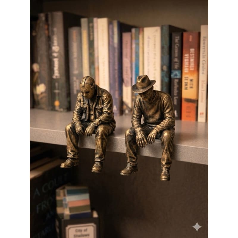 Miniatura Freddy Krueger e Jason Triste Sentados Decoração Mesa Gamer Escrivaninha Estante Geek