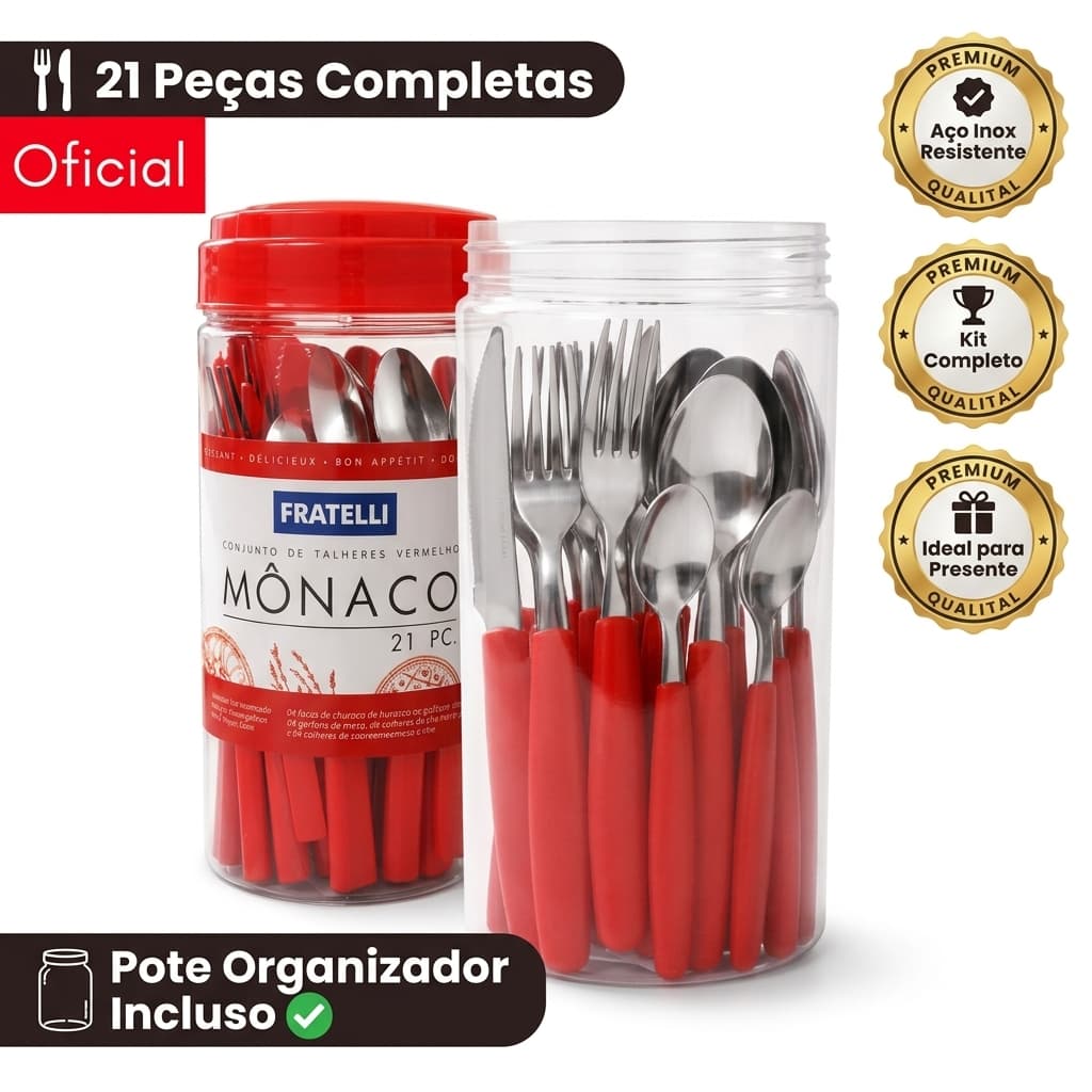 Kit Talheres Inox 21 Peças Vermelho Faqueiro com Pote Lava-Louças Original