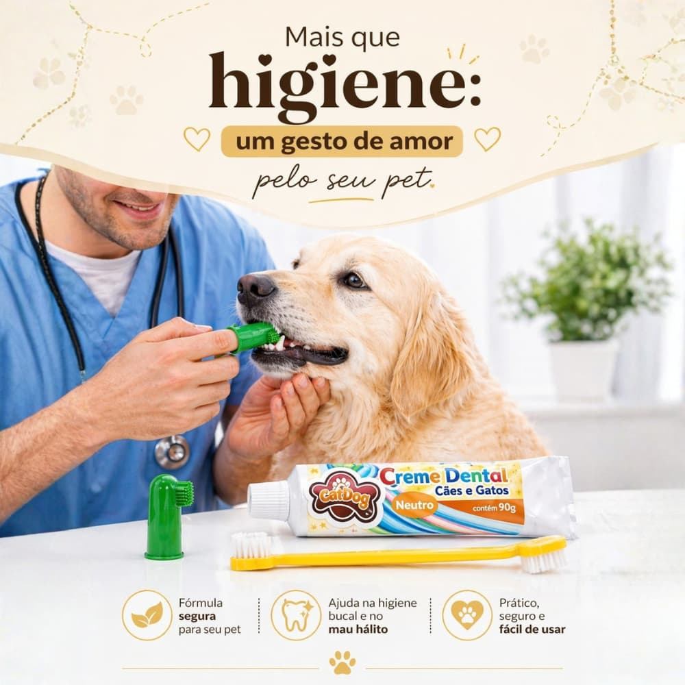 Higiene Bocal PET creme dental 90g + escova dente dupla + Dedeira  Cuidado Premium para cães e gatos
