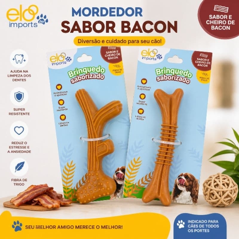 Osso Mordedor para Cachorro Sabor Bacon Antiestresse | Brinquedo Resistente Limpeza Dental Pet Cães Filhotes e Adultos