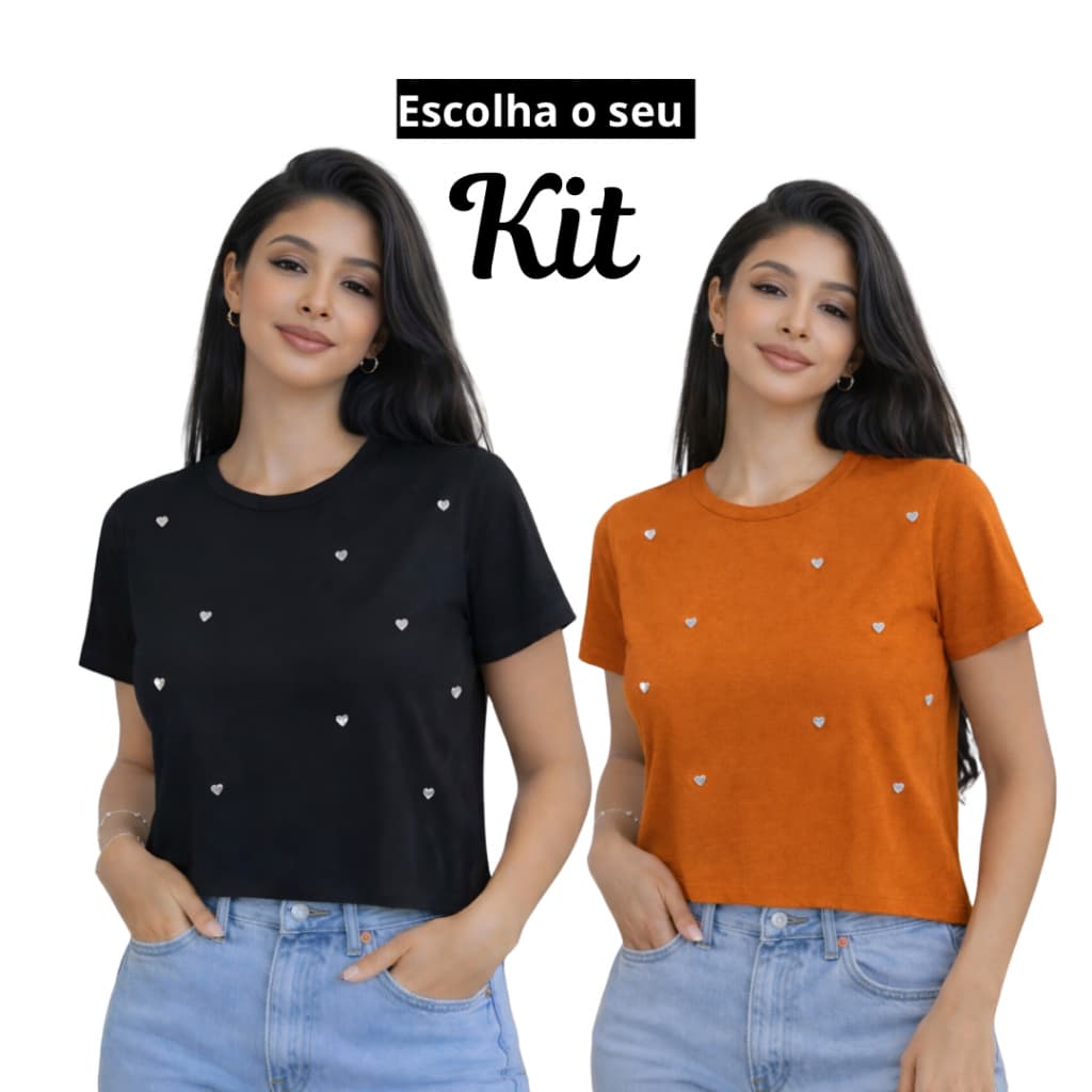 kit com 2 blusas algodão corações brilhosos promoção femininas manga curta estampadas com aplicação brilho strass look