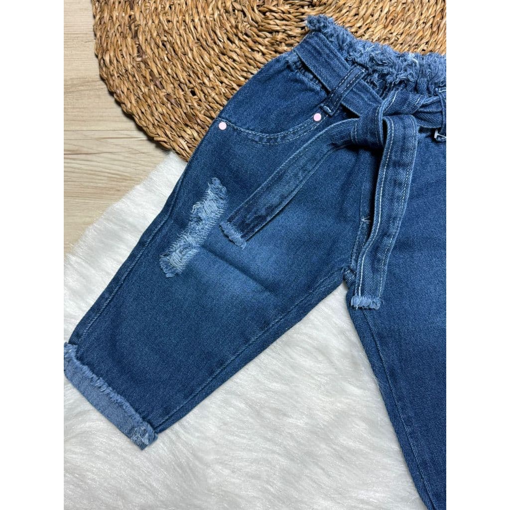 Calça Jeans Capri Meninas com Laço na Cintura 01 a 03 anos Jeans Molinho para Bebes