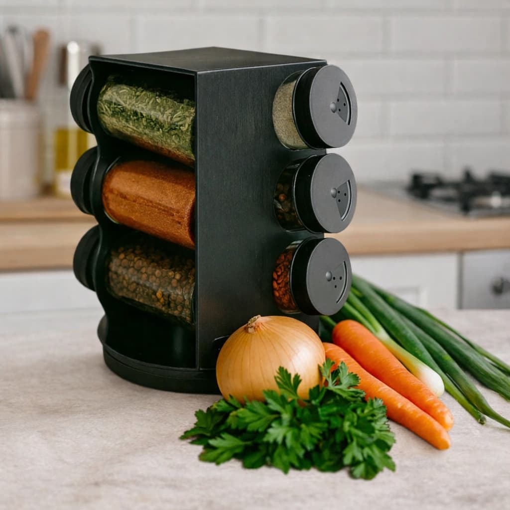 Porta Condimentos Giratório Plástico Preto com 06 Potes 80ml cozinha porta temperos utensíllio