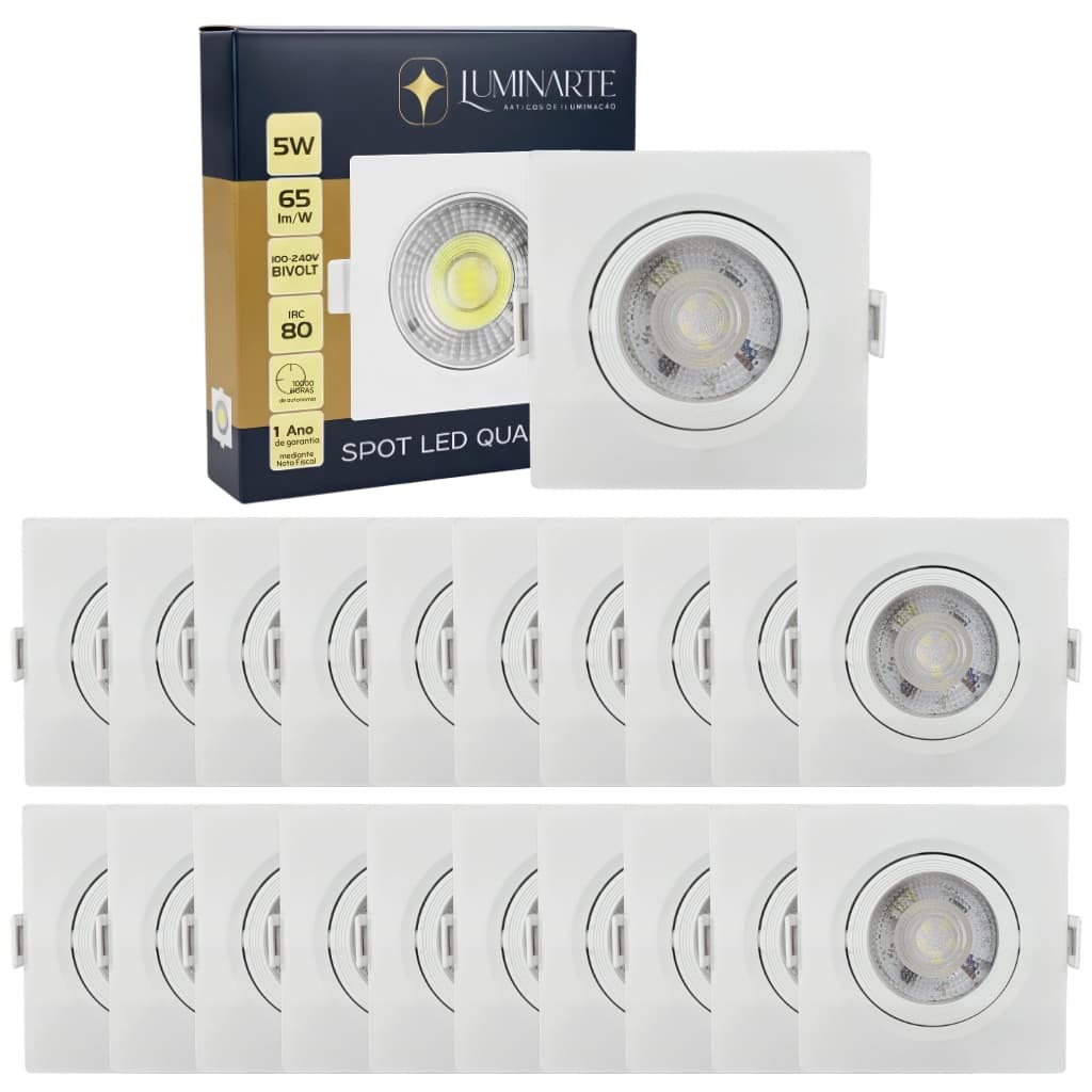 Kit 20 Spot Led Quadrado Embutir 5w Branco Frio Neutro Quente Direcionável Teto Bivolt - Luminarte