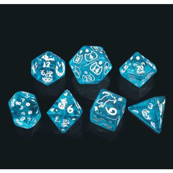 Conjunto De 7 Dados desenhados translucidos transparentes gatos cat gatinho Para Ded Rpg