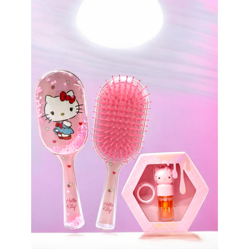 Escova De Cabelo Infantil Hello Kitty + Gloss Labial Sabor Mel Hello Kitty