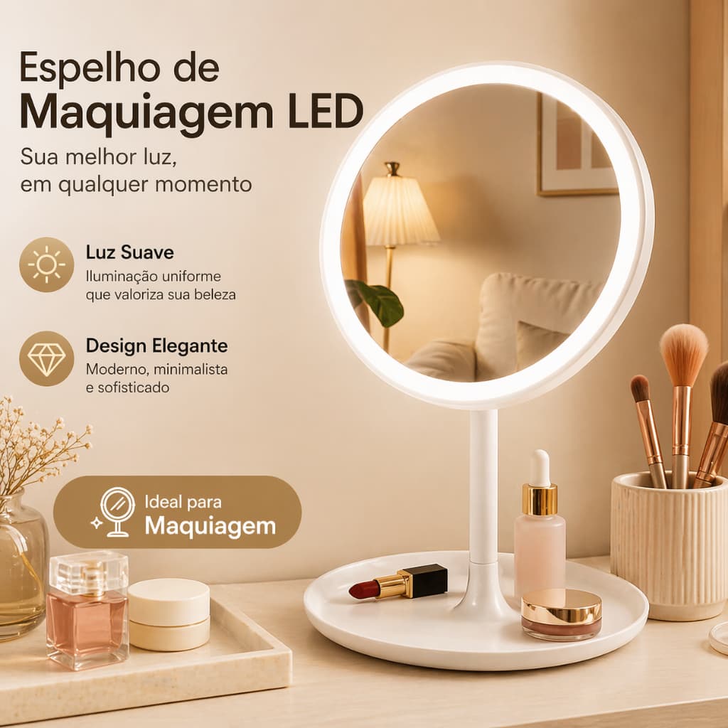 Espelho De Mesa Com Luz LED Redondo Quadrado Para Maquiagem Penteadeira Skincare Decoração com Bandeja