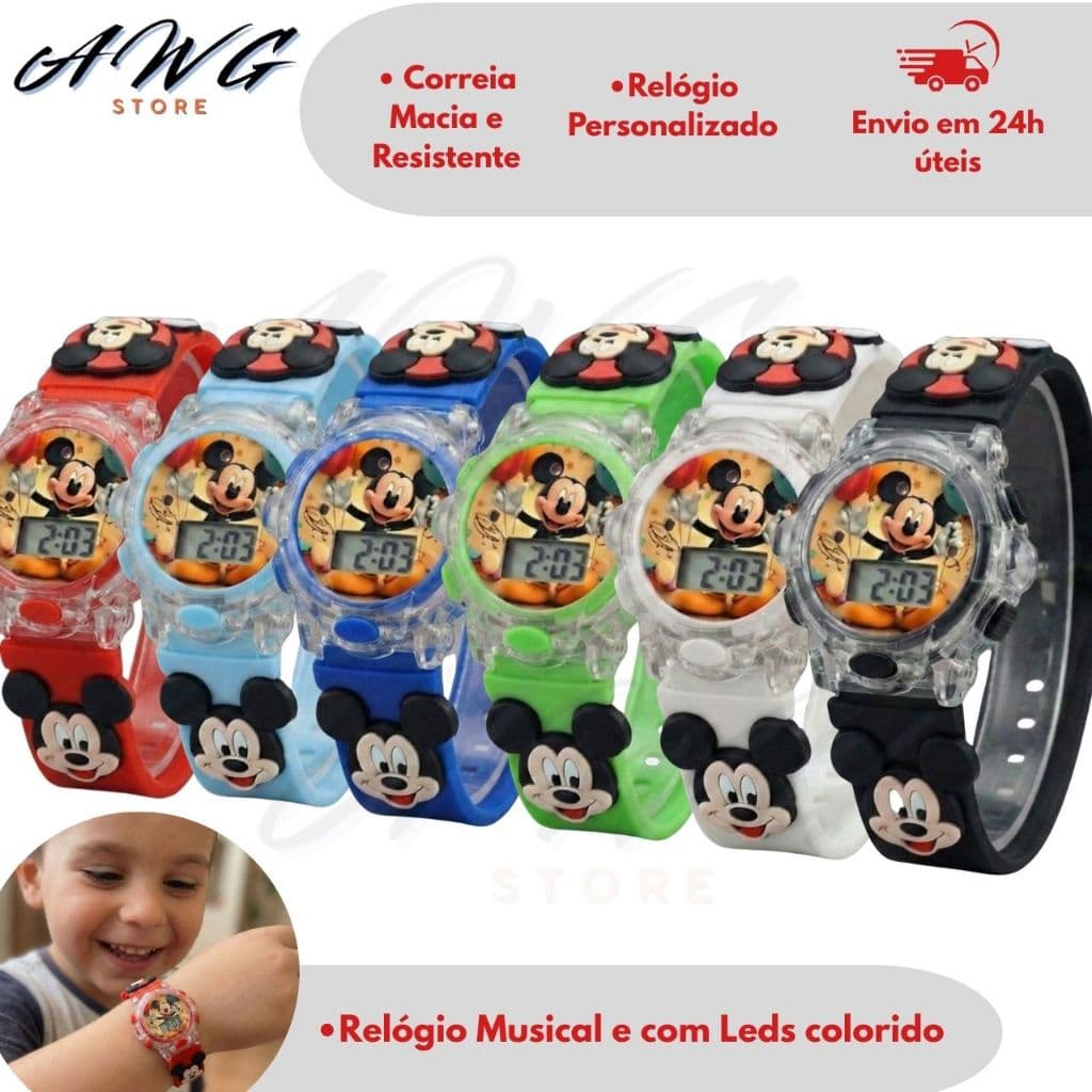 Relógio Infantil Mickey Musical com Luz de LED + Baterias Inclusas