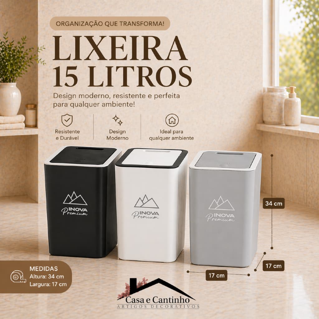 Lixeira de Porta Suspensa 15L | Para Cozinha Compacta com Tampa Click e Alça Dobrável Prática